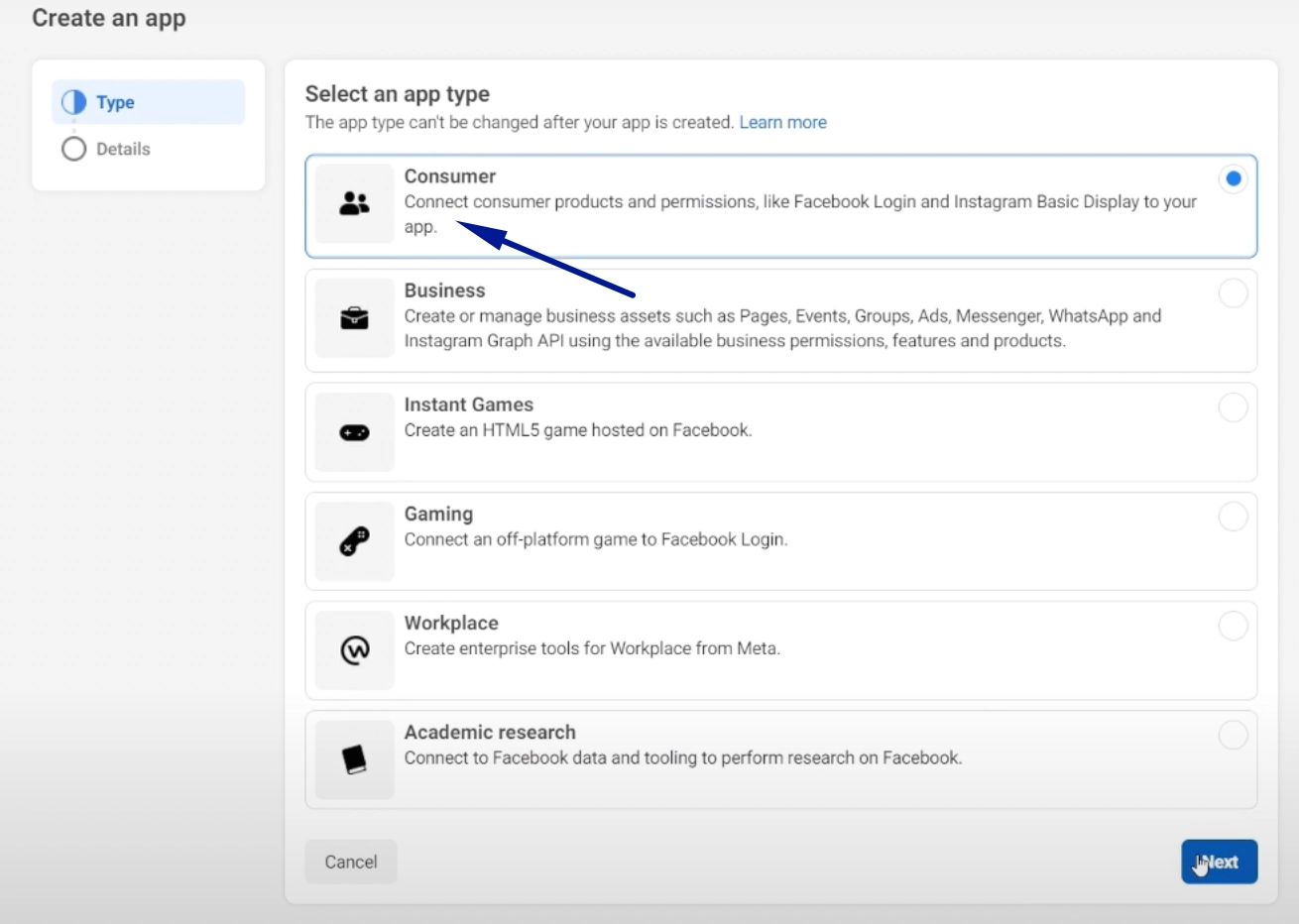 On the next screen, select Consumer as your app type. Click Next to proceed